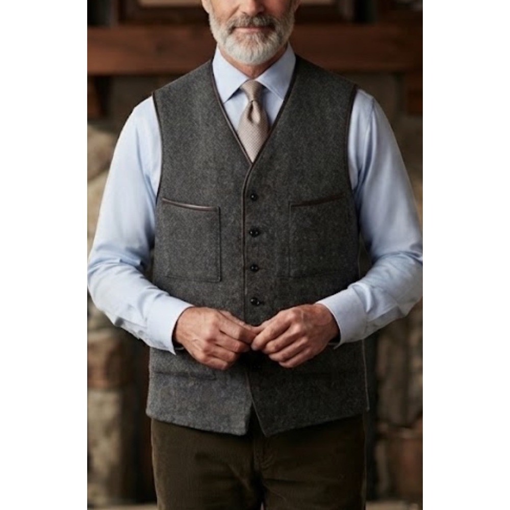 Johnson Woolen Mills Gray Herringbone Outdoor Button Front Wool Vest Men Medium